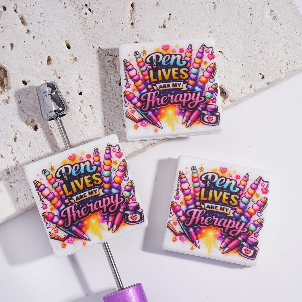 Silicone Focal Beads with Text "Pen LIVES ARE MY Therapy" and Pens Patterns, Flat Square Shape