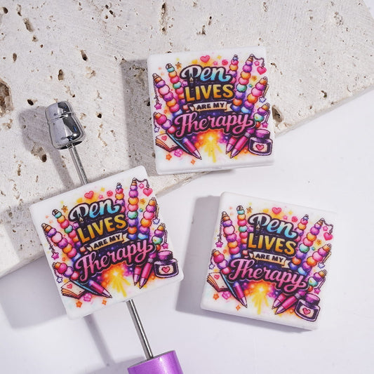 Silicone Focal Beads with Text "Pen LIVES ARE MY Therapy" and Pens Patterns, Flat Square Shape