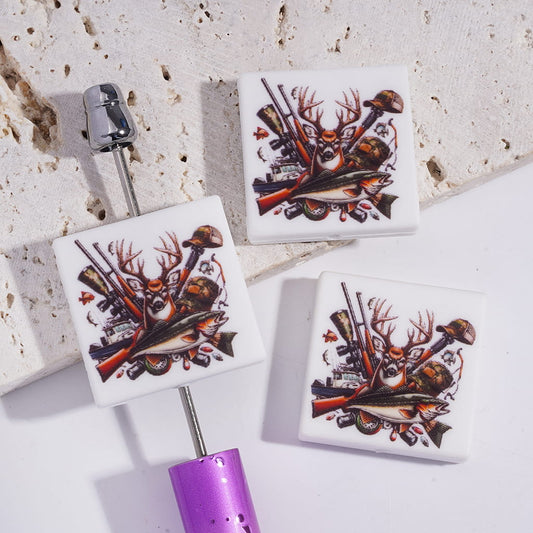 Silicone Focal Beads North American Hunting Culture Theme and Deer Fish Gun Patterns, Flat Square Shape