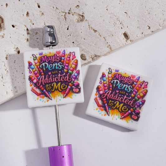 Silicone Focal Beads with Text "Maybe Pens ARE Addicted to Me" and Pens Patterns, Flat Square Shape