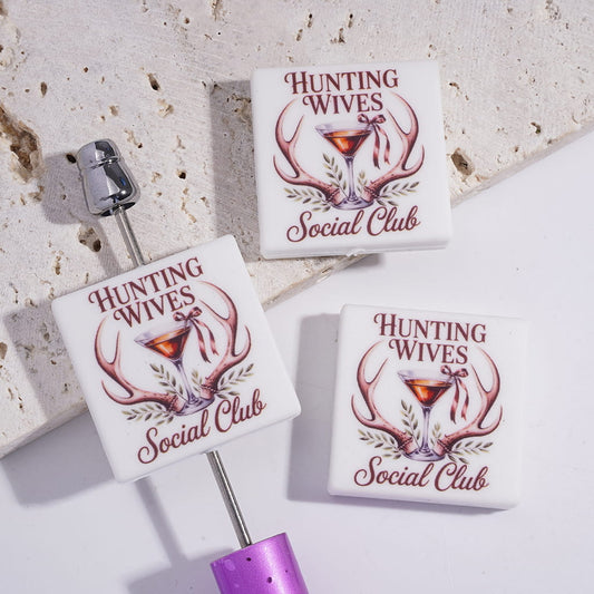 Silicone Focal Beads with Text "HUNTING WIVES Social Club" and Deer Antler Red Wine Cup Patterns, Flat Square Shape