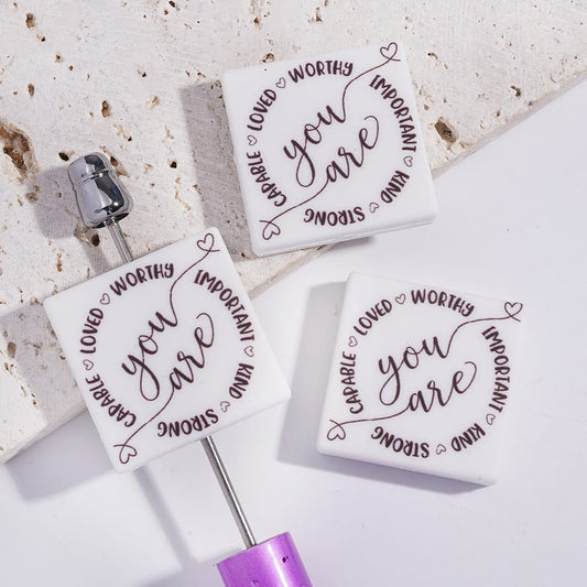 Silicone Focal Beads with Text "You are CAPABLE LOVED WORTHY IMPORTANT KIND STRONG" and Hearts, Flat Square Shape