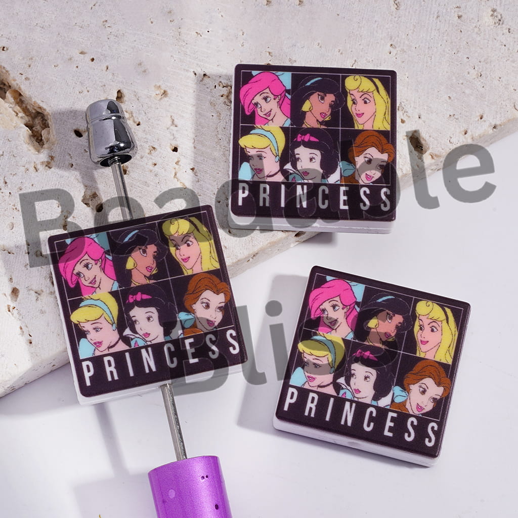 Silicone Focal Beads Six Pretty Princess Portrait on Black Background, Flat Square Shape