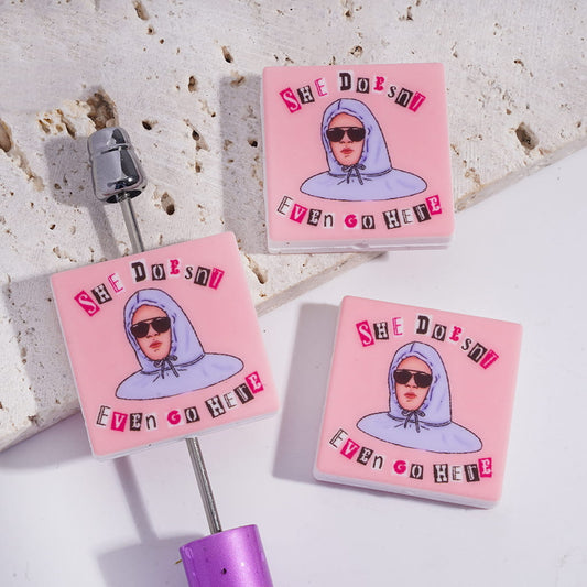 Silicone Focal Beads with Girl with Sunglasses Hoodie & Text "SHE DOESN'T EVEN GO HERE", Flat Square Shape