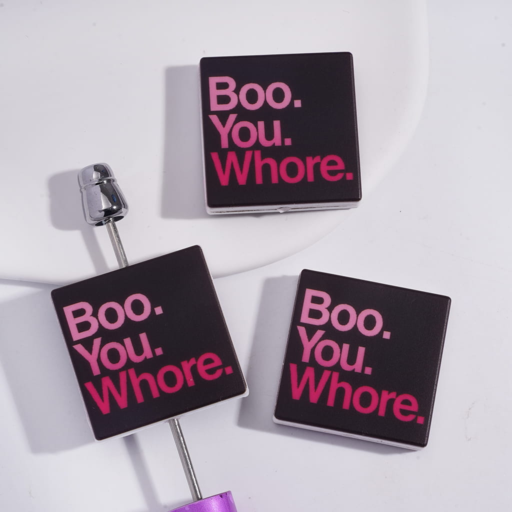 Silicone Focal Beads with Text "BOO. YOU. Whore." on Black Background, Flat Square Shape