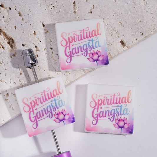 Silicone Focal Beads with Text "Spiritual Gangsta" and Lotus Flower, Pink Purple, Flat Square Shape