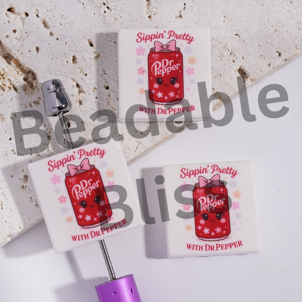 Silicone Focal Beads with Red Soda Drink Can and Flowers, Flat Square Shape