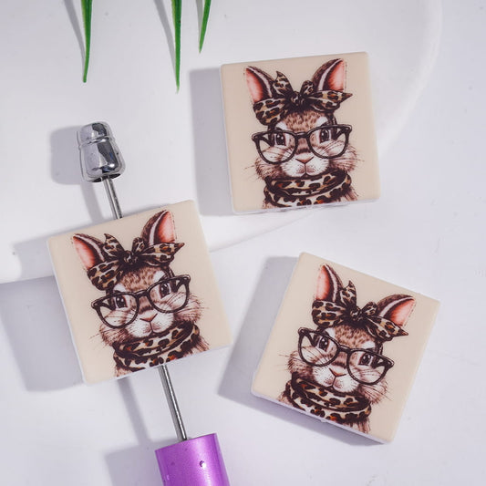 Silicone Focal Beads with Bunny Wearing Glasses and Leopard Neck Scarf Bowtie, Flat Square Shape