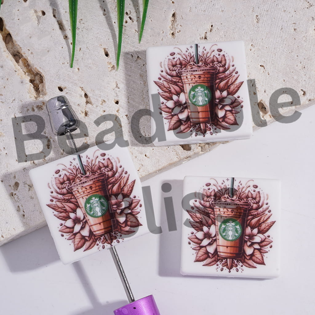 Silicone Focal Beads with Coffee Cup and Flower Leaves, Flat Square Shape