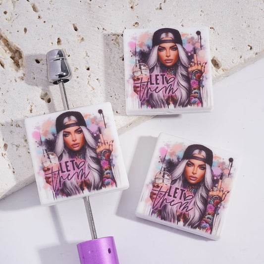 Silicone Focal Beads with European American Style Girl with Silver Hair Pattern, Flat Square Shape