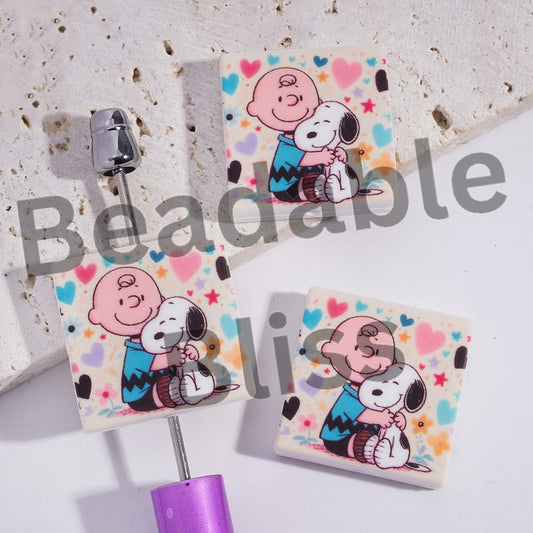 Silicone Focal Beads with Little Boy Holding Beagle Dog, Flat Square Shape