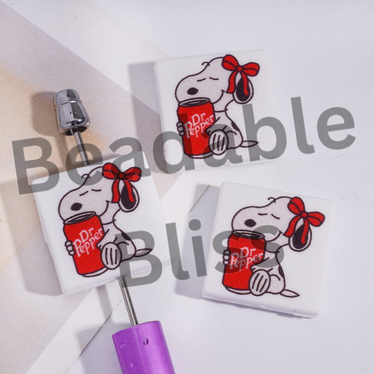 Silicone Focal Beads with Beagle Dog Holding Soda Drink & Wearing Red Bowknot on Head, Flat Square Shape