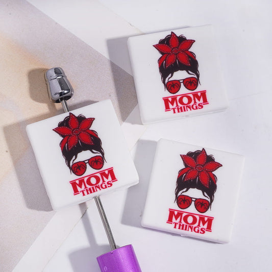 Silicone Focal Beads with Text "MOM THINGS" & Girl Wearing Glasses Red Flower Headband, Flat Square Shape