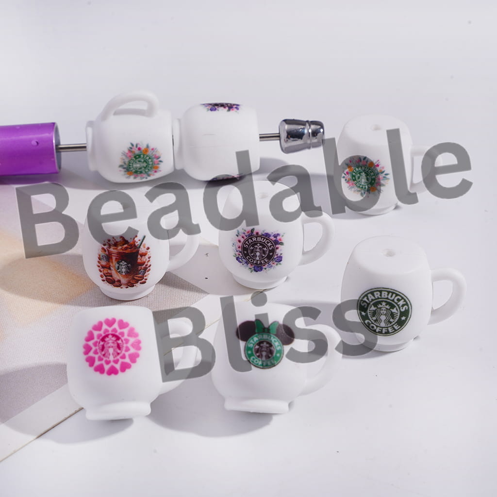 Silicone Focal Beads 3D White Coffee Cup with Various Patterns, Random Mix