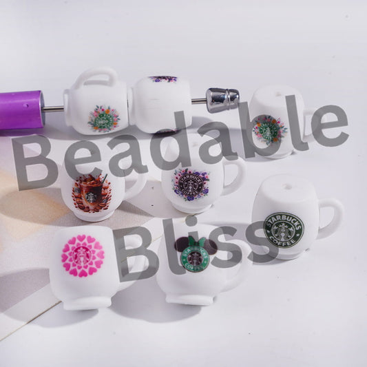 Silicone Focal Beads 3D White Coffee Cup with Various Patterns, Random Mix