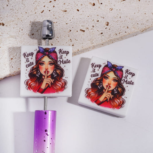 Silicone Focal Beads with Text "Keep it cute & Keep it Mute" & Girl Making Shh Gesture, Flat Square Shape