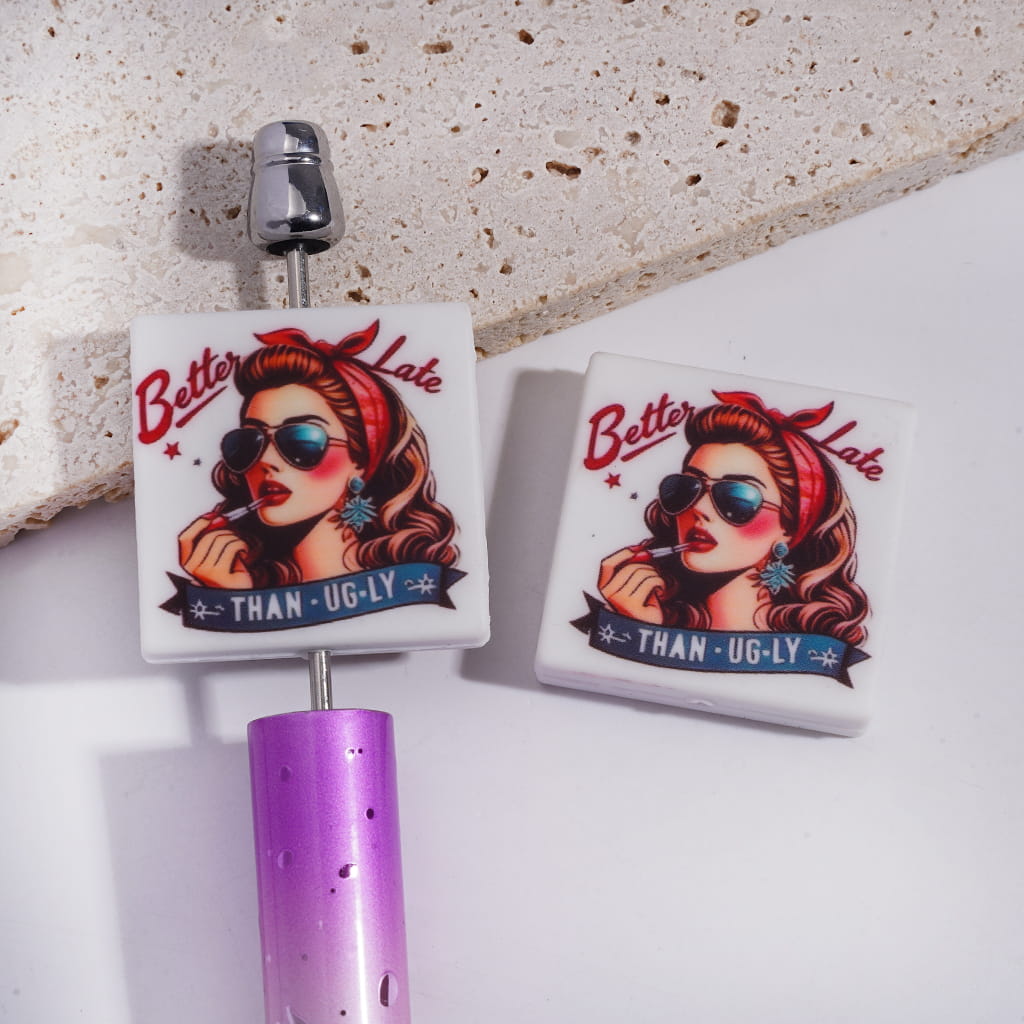 Silicone Focal Beads with Girl Applying Lipstick and Text "Better Late Than Ugly", Flat Square Shape