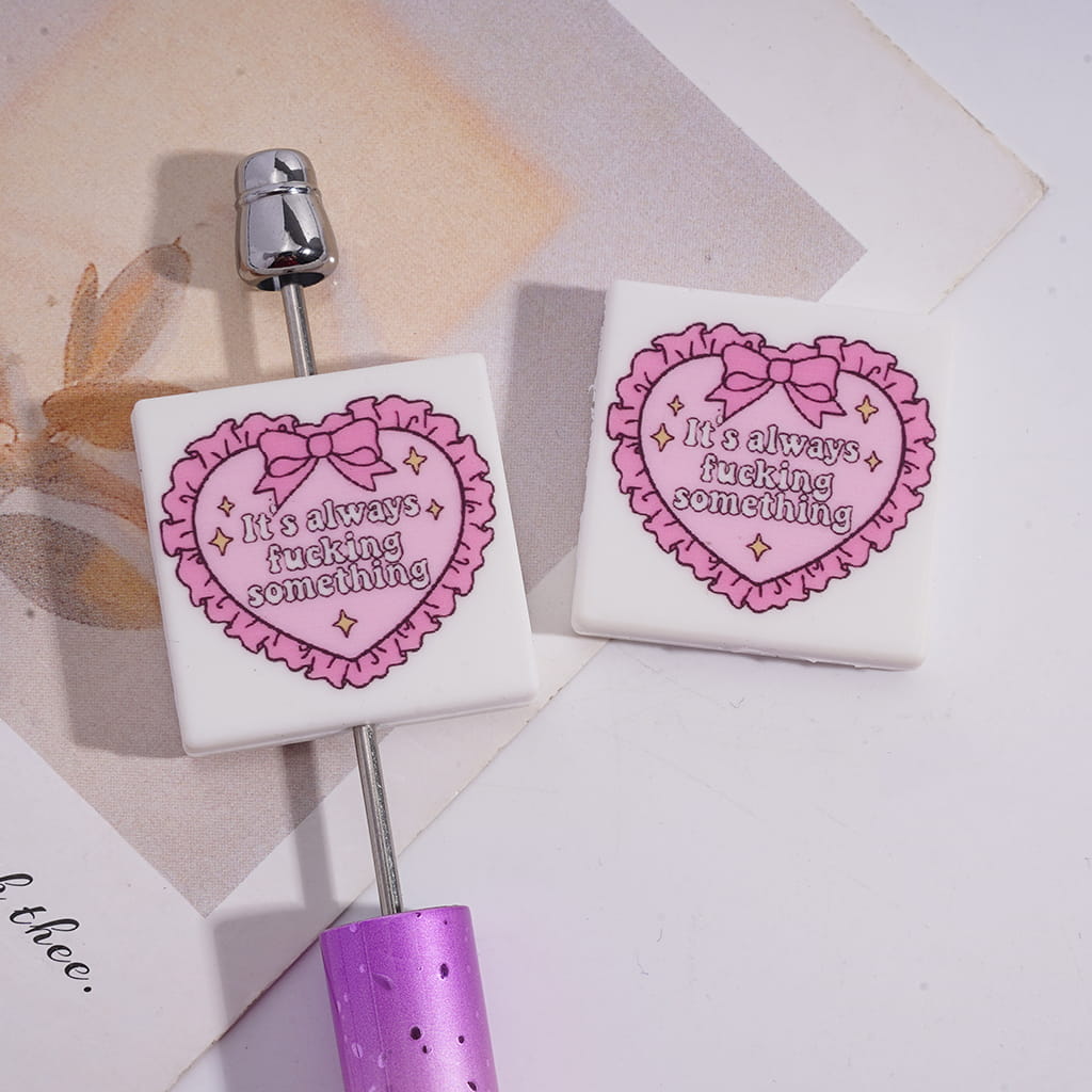 Silicone Focal Beads with Text "It's always humor something" and Star on Pink Lace Bowtie Heart, Flat Square Shape