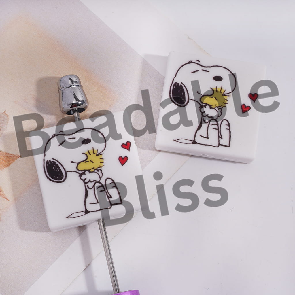Silicone Focal Beads with Beagle Dog Character Hugging Yellow Bird and Red Hearts, Flat Square Shape