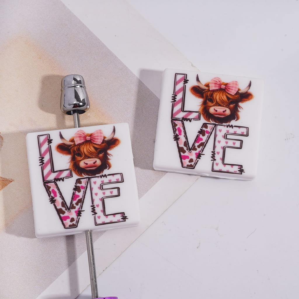 Silicone Focal Beads with Highland Cow Head with Bowtie and Text "LOVE", Flat Square Shape