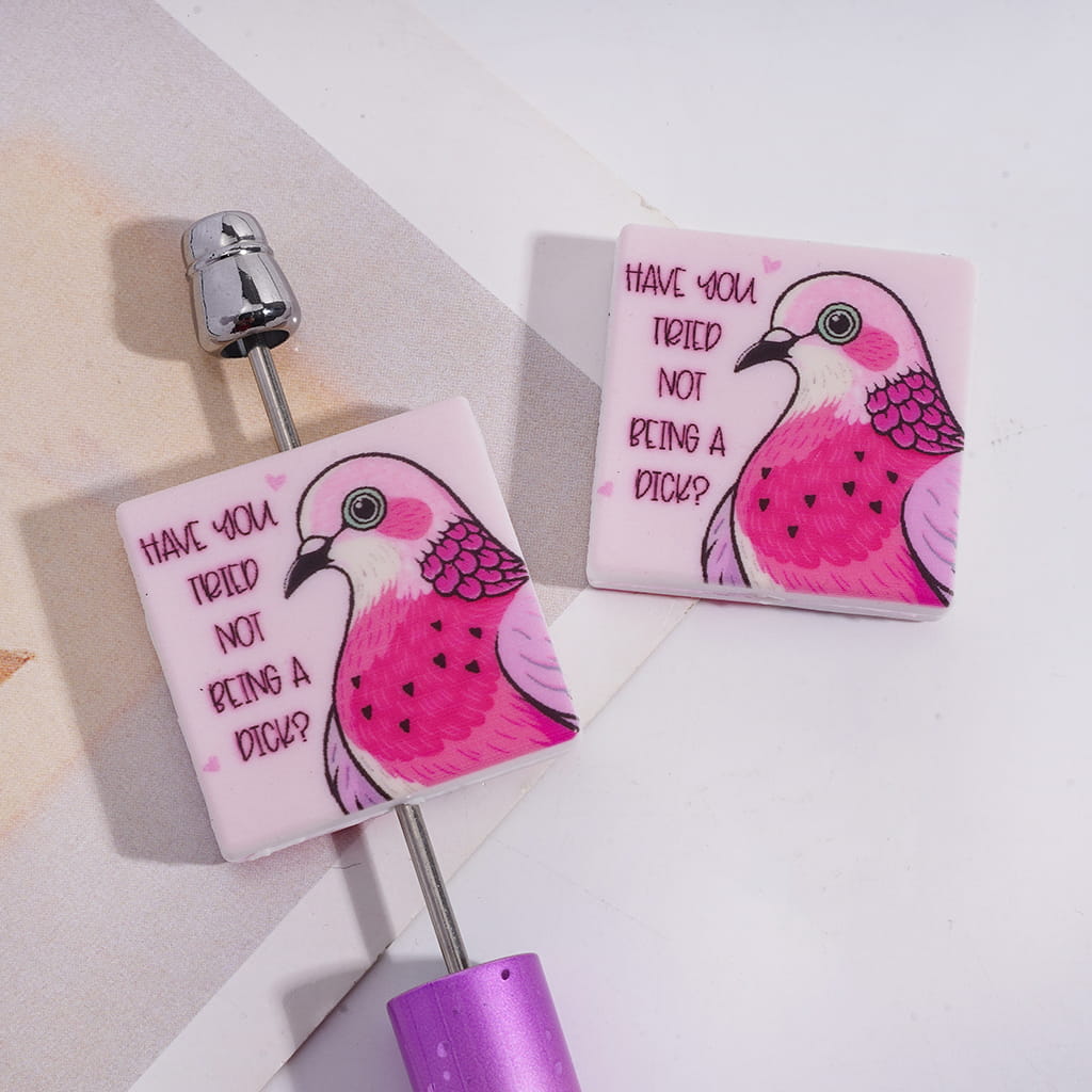 Silicone Focal Beads with Text "HAVE YOU TRIED NOT BEING A HUMOR" and Pink Pigeon, Flat Square Shape
