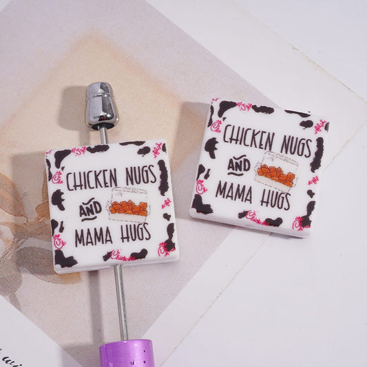 Silicone Focal Beads with Chicken Nugget Box and Text "CHICKEN NUGS AND MAMA HUGS", Flat Square Shape