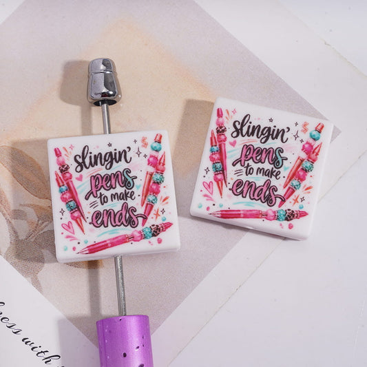Silicone Focal Beads with Text "slingin' Pen to make ends" and Attractive Pens, Flat Square Shape