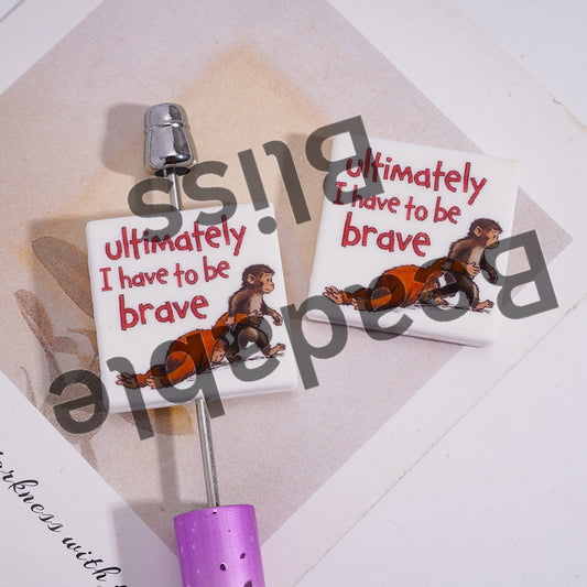 Silicone Focal Beads with Text "Ultimately I have to be brave" and Curious Monkey Pulling Another it, Flat Square Shape