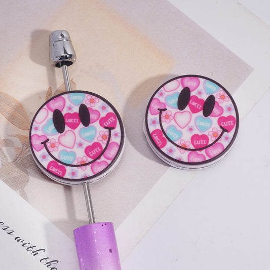 Silicone Focal Beads with Pink Smiling Face Expression and Various Text, Flat Round Shape