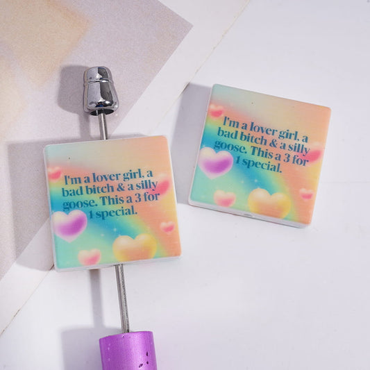 Silicone Focal Beads with Text "I'm a lover girl, a humor... This a 3 for 1 special" and Rainbow Hearts, Flat Square Shape