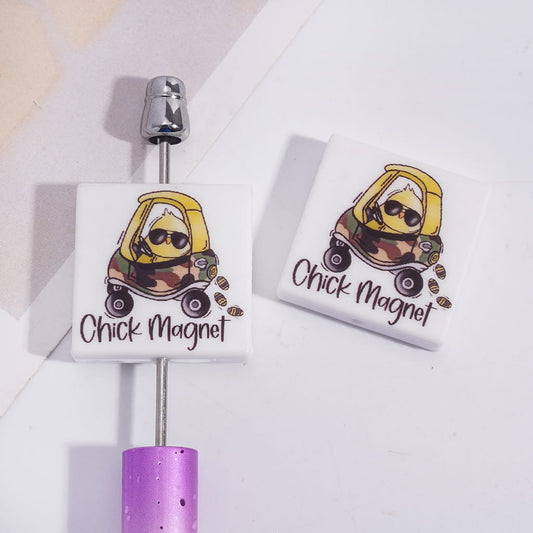 Silicone Focal Beads with Yellow Chick Drive Car and Text "Chick Magnet", Flat Square Shape
