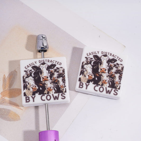 Silicone Focal Beads with Text "EASILY DISTRACTED BY COWS" and Dairy Cow, Flat Square Shape