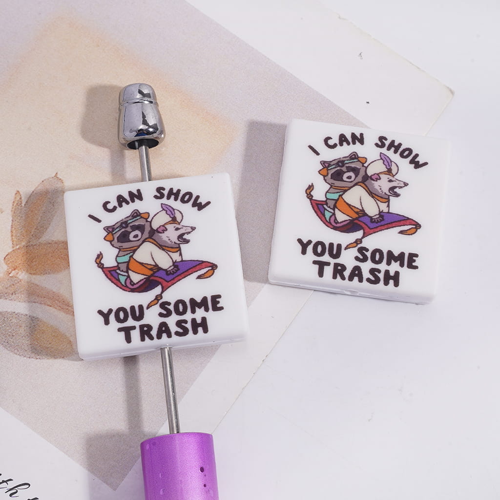 Silicone Focal Beads with Raccoon Mouse Sitting Flying Carpet and Text "I CAN SHOW YOU SOME TRASH", Flat Square Shape