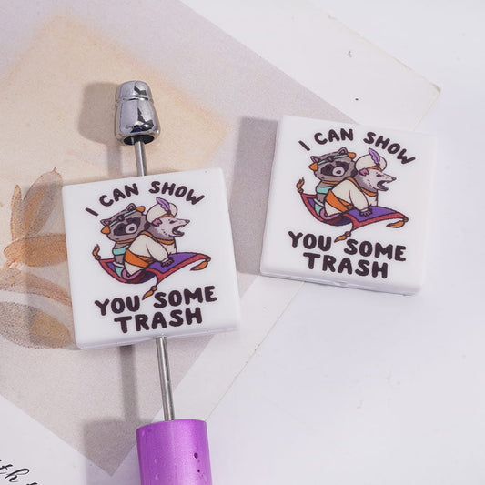 Silicone Focal Beads with Raccoon Mouse Sitting Flying Carpet and Text "I CAN SHOW YOU SOME TRASH", Flat Square Shape