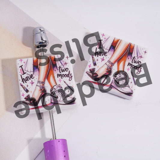 Silicone Focal Beads with Text "I have two moods" and Foot with High-Heeled Shoes and Sneaker, Flat Square Shape