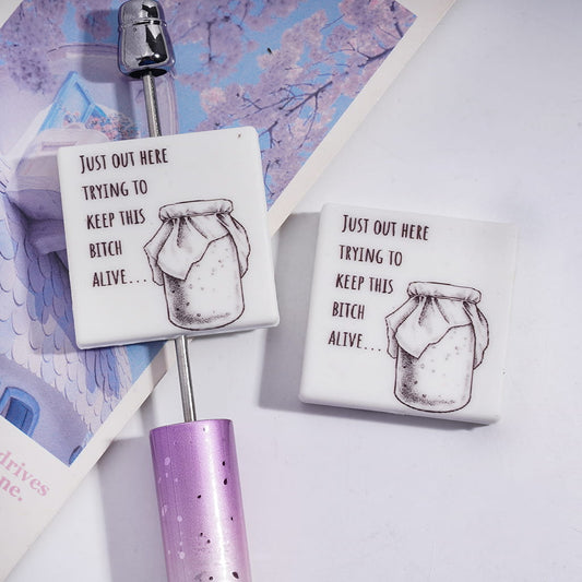Silicone Focal Beads with Text "JUST OUT HERE TRYING TO KEEP THIS Humor ALIVE" and Seal Jar Canister Patterns, Flat Square Shape