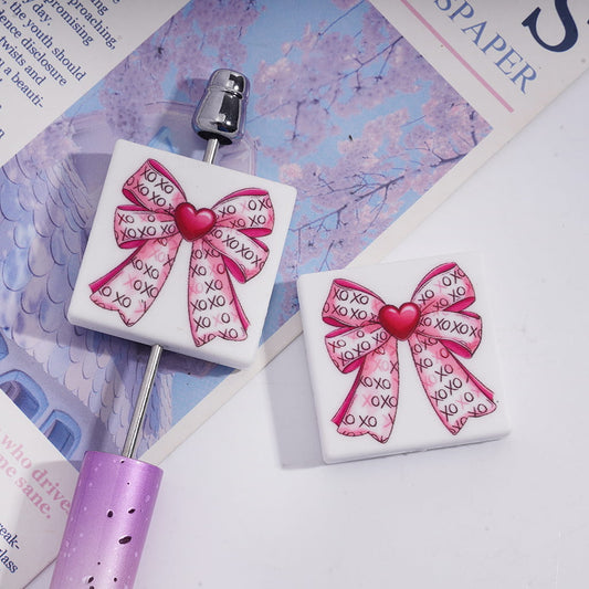 Silicone Focal Beads with Text "XO XO..." Bowknot and Heart, Pink White Style, Flat Square Shape