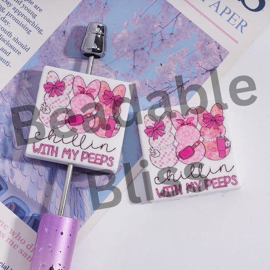 Silicone Focal Beads with Three Bunny in Pink Style and Text "Chillin WITH MY ...", Easter Theme, Flat Square Shape