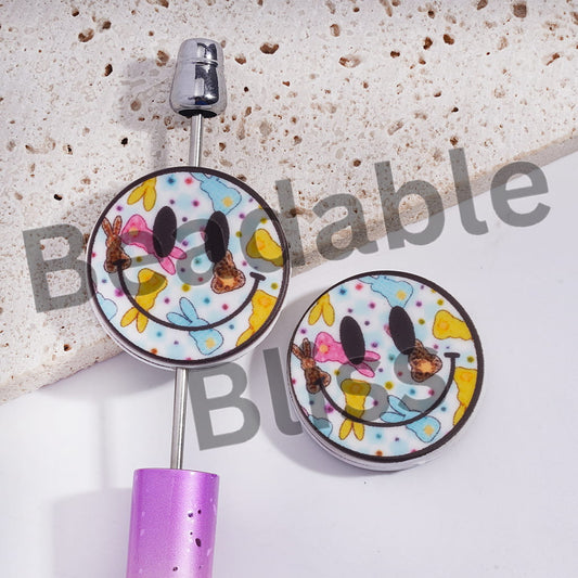 Silicone Focal Beads with Smiling Face Expression and Various Bunny Dots, Flat Round Shape