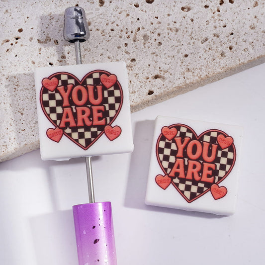 Silicone Focal Beads with Text "YOU ARE" Checkered Heart, Flat Square Shape