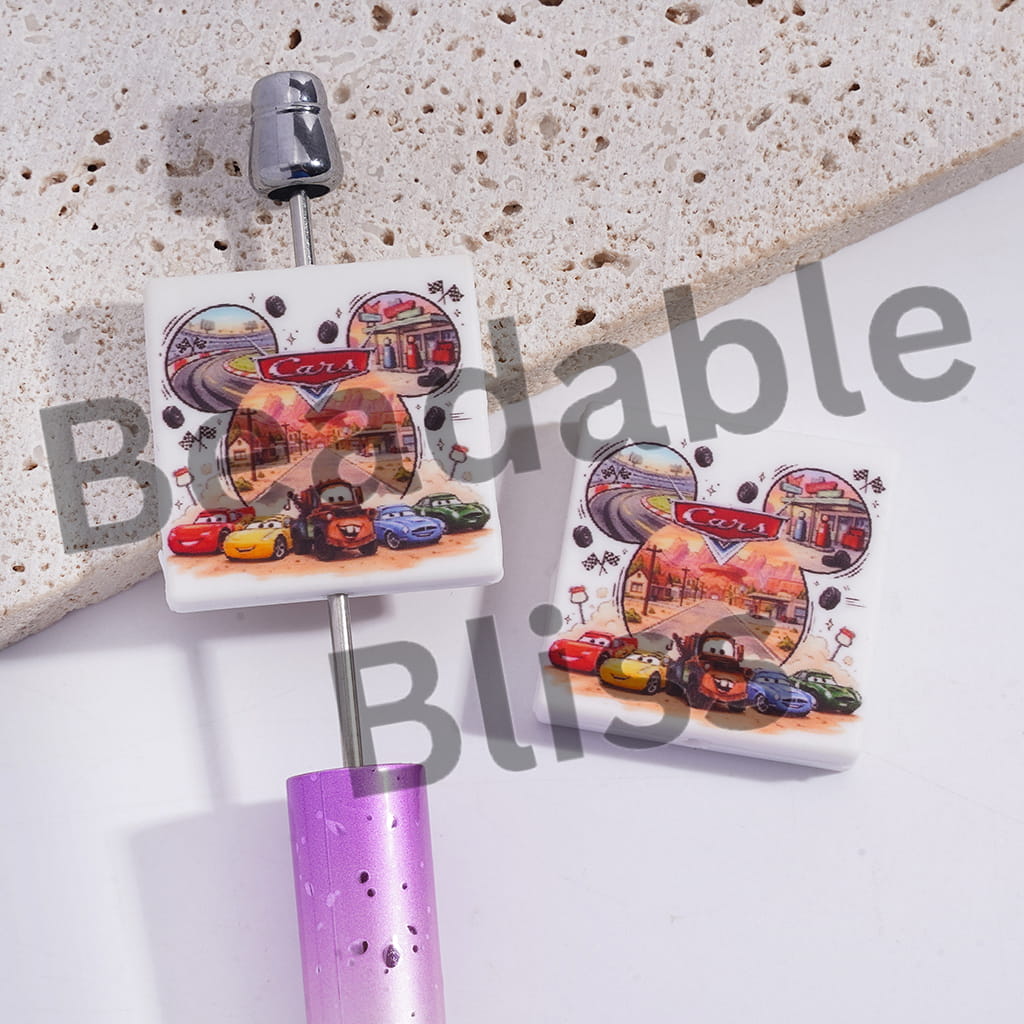 Silicone Focal Beads with Mouse Character Head and Sports Car, Flat Square Shape
