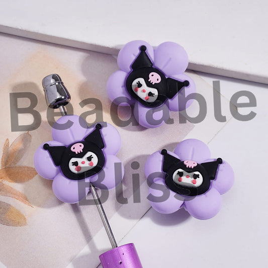 Silicone Focal Beads 3D Purple Flower with Evil Girl Character