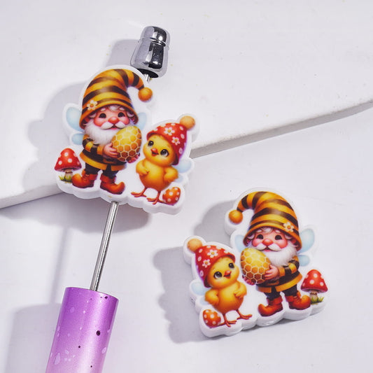 Silicone Focal Beads with Gnome Elf Holding Honeycomb-Patterned Golden Egg and Chick Easter