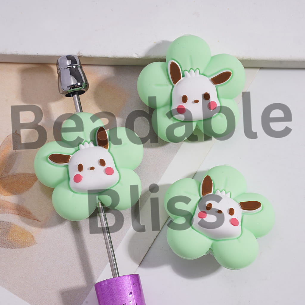 Silicone Focal Beads 3D Mint Green Flower with Black-Eared Dog Character