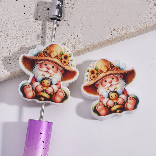 Silicone Focal Beads Gnome Elf Holding Honeybee in Sitting Gesture, Flat Square Shape