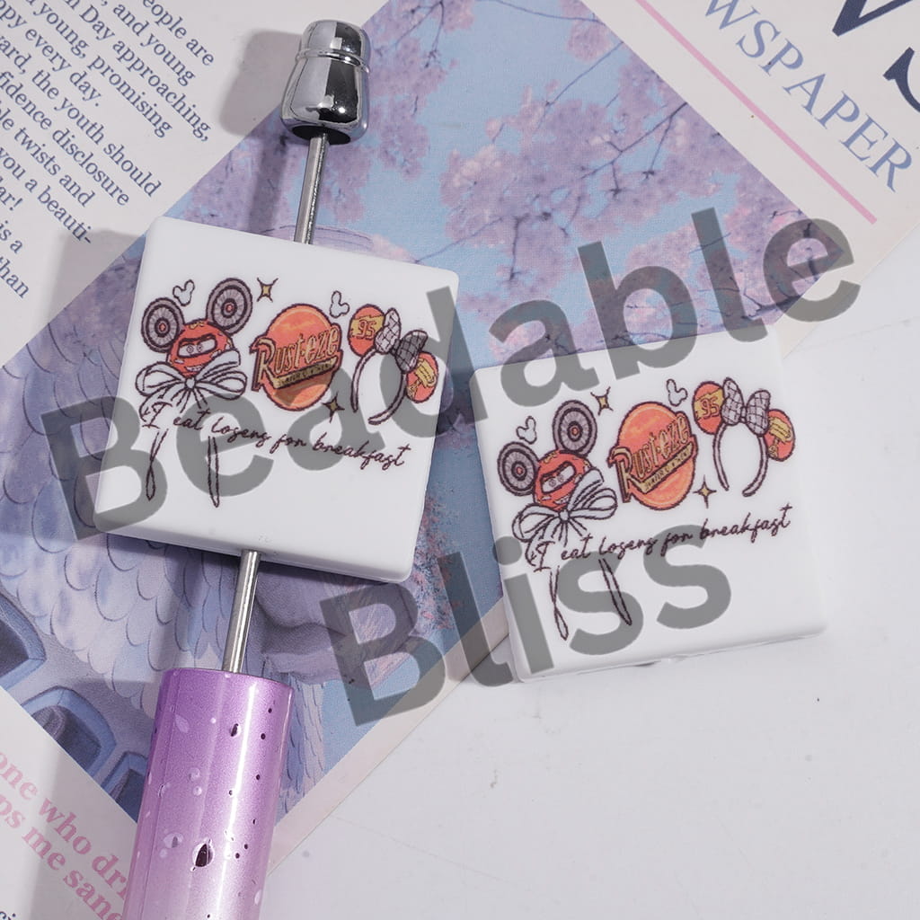 Silicone Focal Beads with Sports Car Style and Text "I eat legend for breakfast, Flat Square Shape