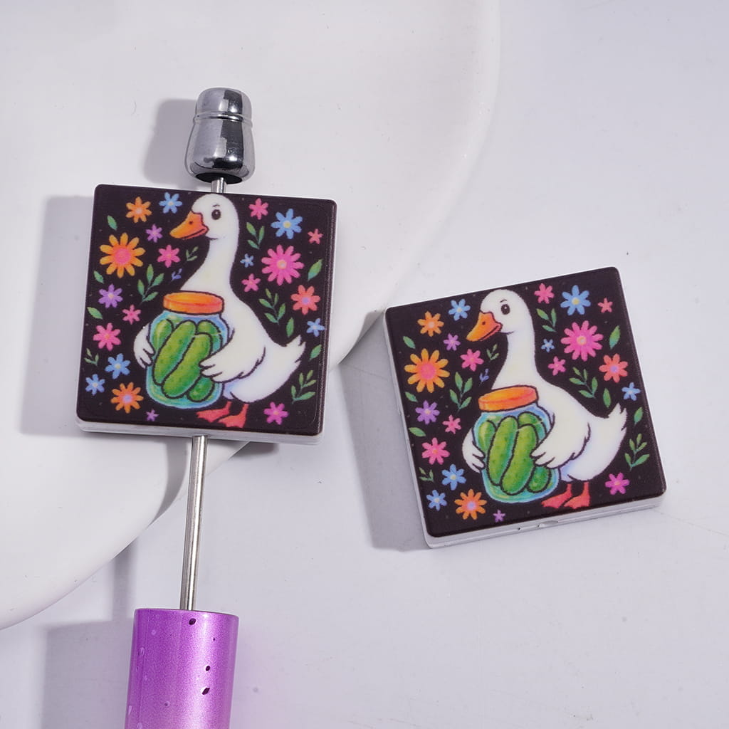 Silicone Focal Beads with White Goose Holding a Jar Pickles and Flowers, Flat Square Shape