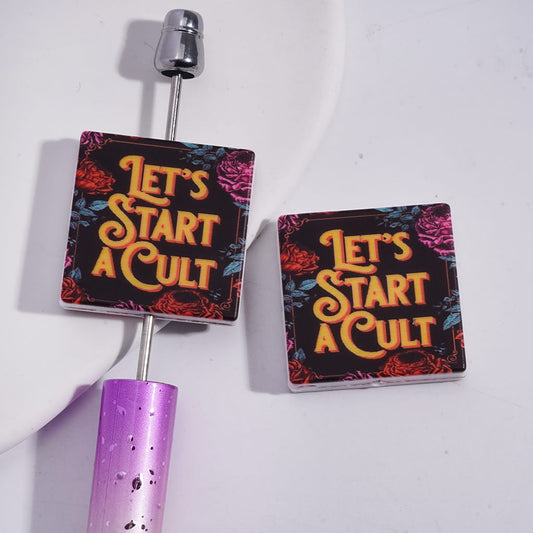 Silicone Focal Beads with Text "LET'S START A Humor" and Rose Flower, Flat Square Shape