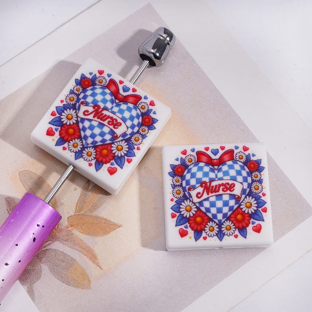 Silicone Focal Beads with Nurse Blue White Checkered Heart Red Bowtie Daisy Flowers, Flat Square Shape
