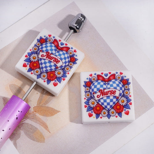 Silicone Focal Beads with Nurse Blue White Checkered Heart Red Bowtie Daisy Flowers, Flat Square Shape